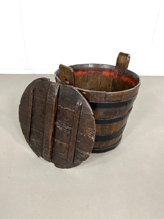 Image 1 of Antique, rustic wooden barrel with lid, Sweden, 1920s.