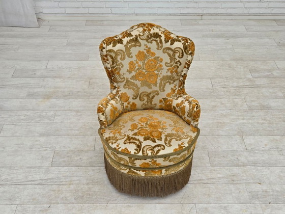 Années 1970, paire de 2 petits fauteuils danois, tissu d'ameublement marron/beige. – Textile (photo 10 of 15)