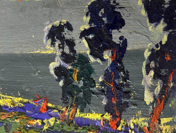 Image 1 of Original Oil Painting Gloomy Nature Landscape Far beyond the river