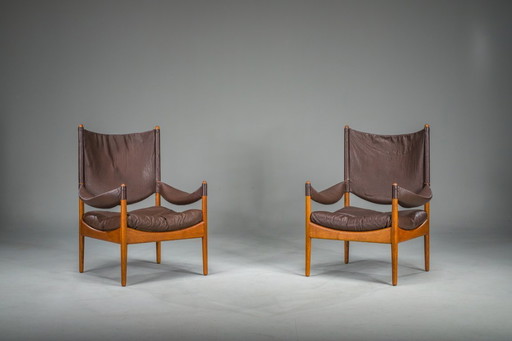  Mid-Century Modern Danish Oak and Leather Lounge Chairs with Ottoman by Kristian Vedel for Søren Wiladsen, 1960s, Set of 3