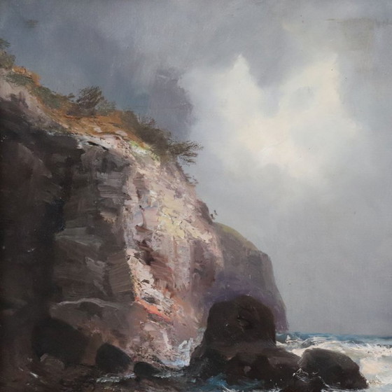 Image 1 of Seascape with Cliff, Oil Painting on Canvas, Italy 20th Century