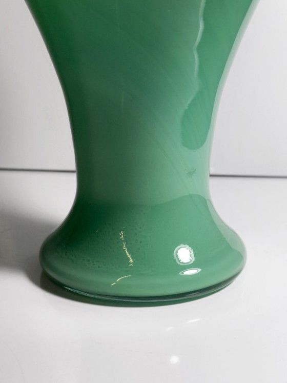 Image 1 of Vintage Murano Vase Jade Grün Milch Opal Glas 50er Mid Century  Mint Türkis Barovier Toso Tonelli Lattimo Filigrana