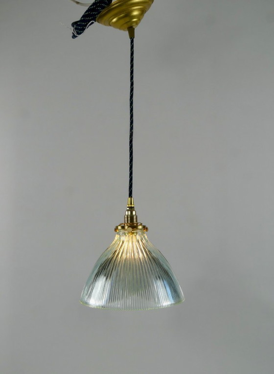 Image 1 of Ribbed ceiling lamp in light blue Holophane glass with brass shade support