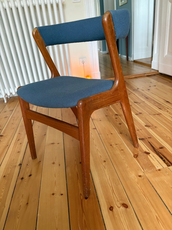 Mooie Vintage Teak Mid Century Stoel, Eetkamerstoelen, Textiel, Hout, Blauw (foto 2 van 5)