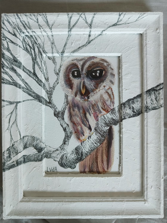 Image 1 of Upcycled frame with painting of owl and drawn branches that continue across the frame