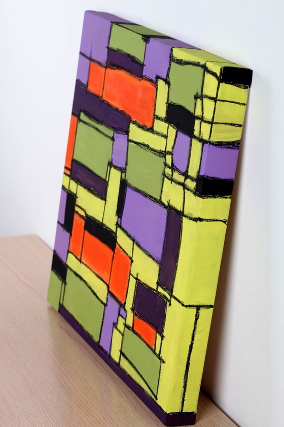 Image 1 of Modern abstract green, yellow, purple and orange mixed media painting