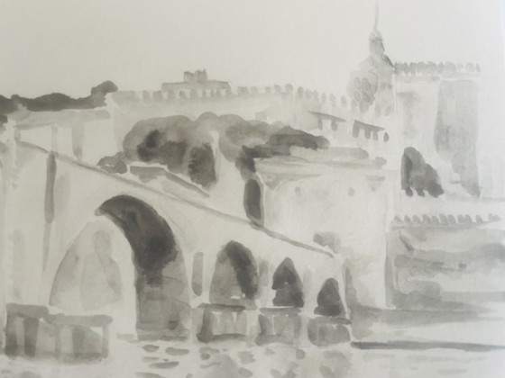 Image 1 of Signiertes Aquarell monochrom sepia Pont d'Avignon