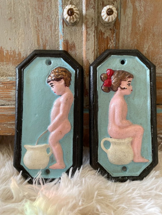 Image 1 of Cartelli per toilette in ghisa vintage per ragazzi e ragazze