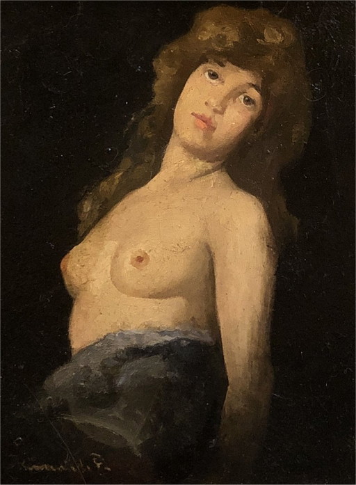 Early 20th Century French School Female Nude – Oil on Wood Panel, Framed