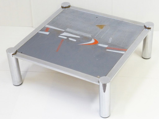 DE NISCO: TAVOLINO DA CAFFÈ GRANDE, STRUTTURA CROMATA, PIANO IN CERAMICA, VINTAGE ANNI '70