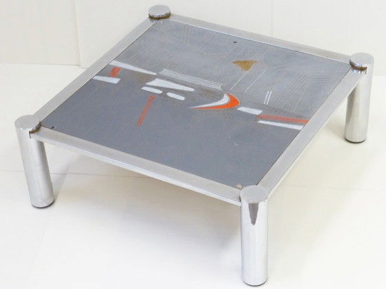 Image 1 of DE NISCO: TAVOLINO DA CAFFÈ GRANDE, STRUTTURA CROMATA, PIANO IN CERAMICA, VINTAGE ANNI '70