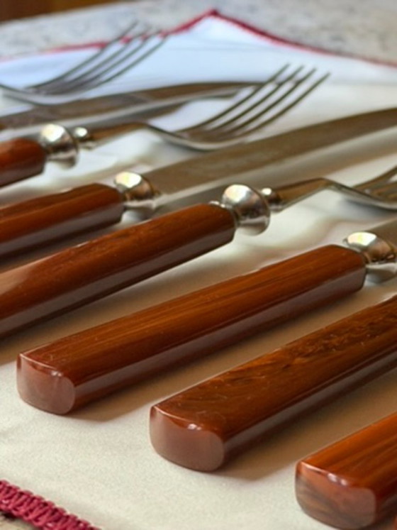 Vintage Carl Voos Solingen German Flatware Set - 12 Piece MCM Knife And Fork Set - Rostfrei Stainless Steel (photo 30 of 32)
