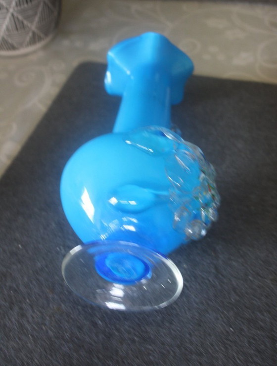 Image 1 of Blue hand-blown vase from Stevens & Williams with appliquéd flower