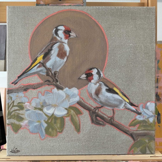 Image 1 of Goldfinches with apple blossom, oil on canvas 50x50, Sandra Kolondam