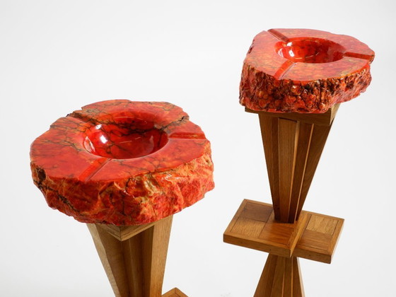 Image 1 of Two Unique Mid-Century Standing Ashtrays Consisting of Red Alabaster Cup with Beautiful Wooden Stand with Shelves
