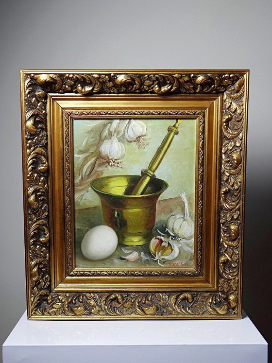 Image 1 of Still life with garlic, egg and mortar, signed Sarpe, 1979, oil on canvas