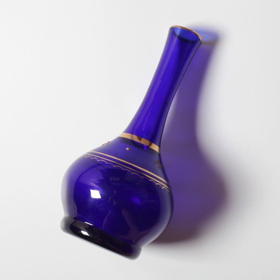 Image 1 of Mid-Century Cobalt Blue Art Glass Vase / Handpainted Single Flover Vase / Afors Glasbruk / Sweden / 1970s