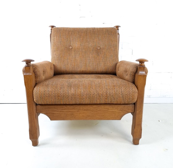 Image 1 of Vintage fauteuil brutalist Deens design hout stof jaren 70