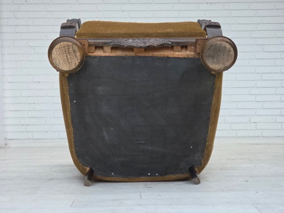 Image 1 of 1960s, Danish relax chair, original green furniture velour, carved oak wood.