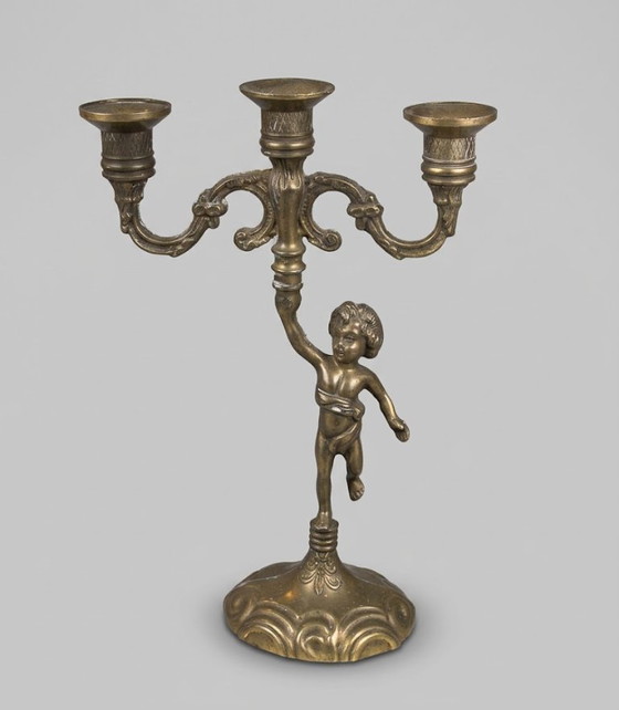 2 Portacandele antichi a 3 bracci con Putto, Ottone, Art Nouveau, ca. 30 cm, Dorato (foto 2 di 5)