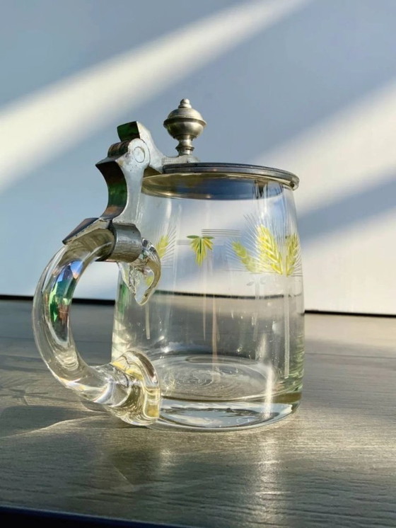 Image 1 of Boccale da birra antico con coperchio in peltro e smalto dipinto a mano (0,4 l)