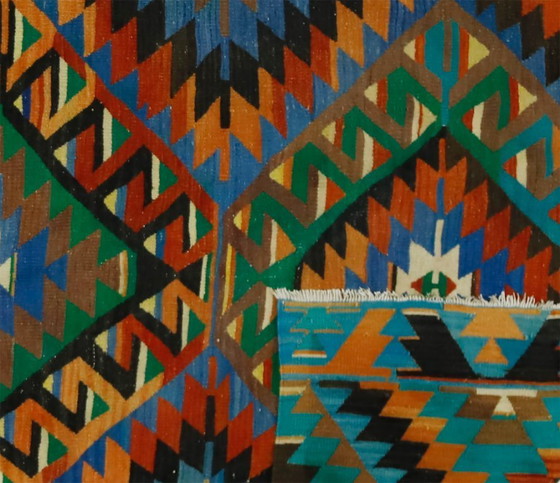 Groot vintage Anatolisch kilimkleed – Kleurrijk geometrisch handgeweven wollen platgeweven tapijt 308 x 164 (photo 10 of 10)