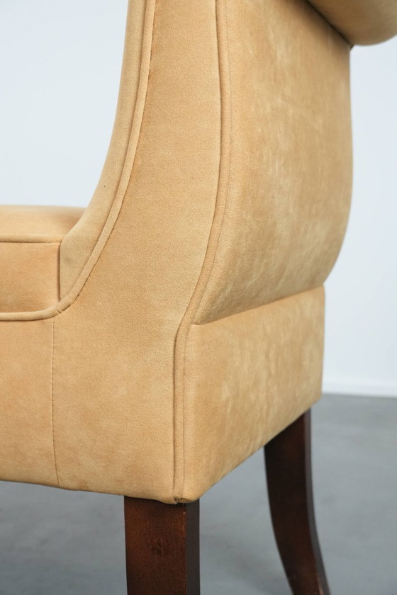 Image 1 of Mosterdgele stoffen vintage bankje/ raambankje uit eind 20e eeuw