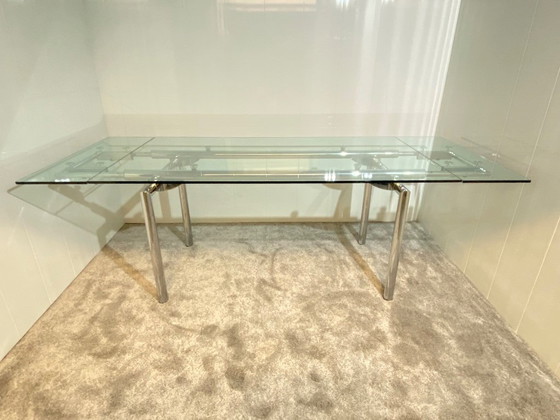 Image 1 of Steel Line (Italy) - Le Corbusier Style - Extending Chrome & Glass Table