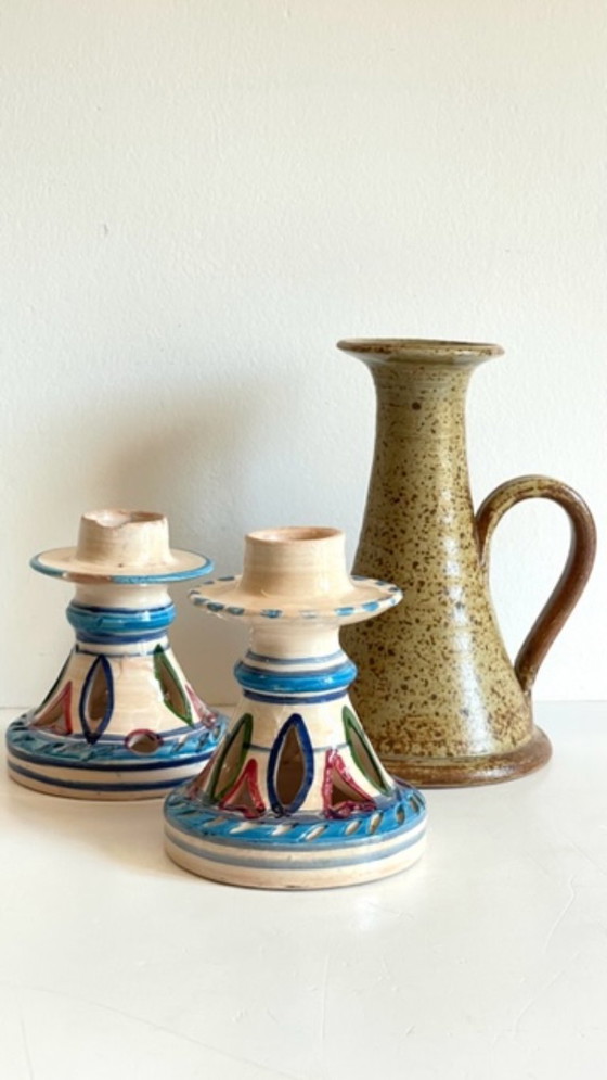 Image 1 of Joli ensemble de 3 BOUGEOIRS en Céramique et Grès Vintage, un trio Artisanale, Chic et Bohème, Poétique et aux matières Naturell