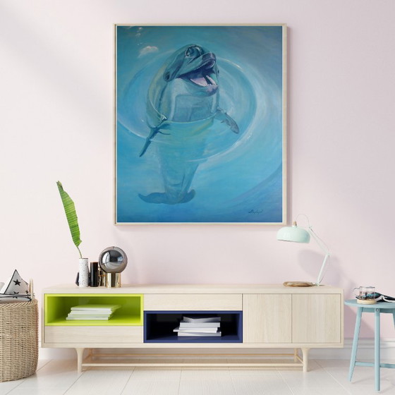 Original Oil Painting Contemporary Art Dolphin Hello – Paintings & Drawings, Canvas (photo 3 of 7)