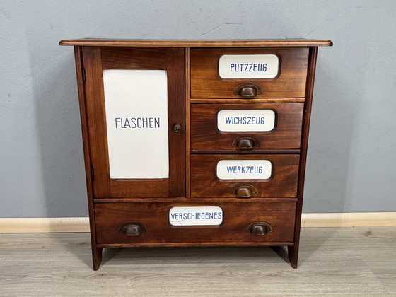 Image 1 of Antique kitchen cabinet with porcelain drawer plates | ca. 1900-1930