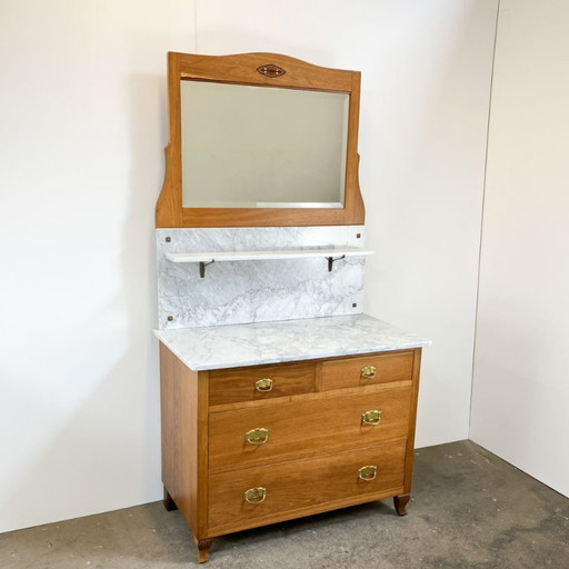 Art Nouveau chest of drawers, washstand with marble and mirror attachment, oak, 1910s