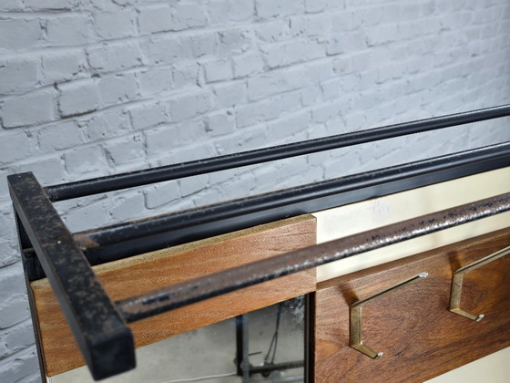 Image 1 of Mid-Century Design Wooden Coat Rack with Mirror and Storage Bench, Pastoe Style, Netherlands, 1960s