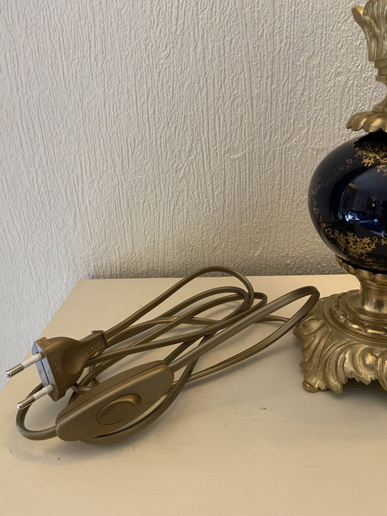 Image 1 of Bronze table lamp with a cobalt blue porcelain body