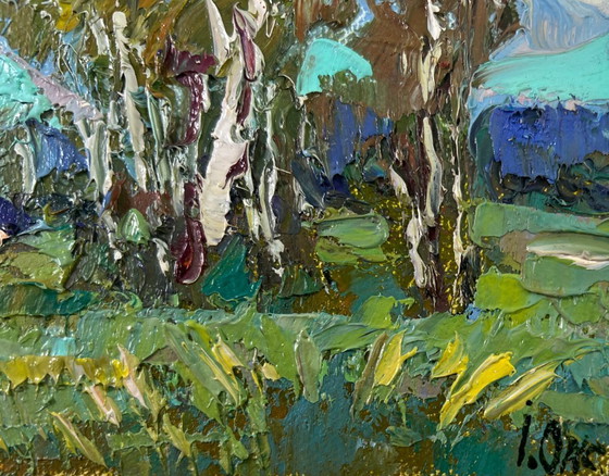 Image 1 of Peinture à l'huile originale, paysage naturel, champ, vent froid d'été