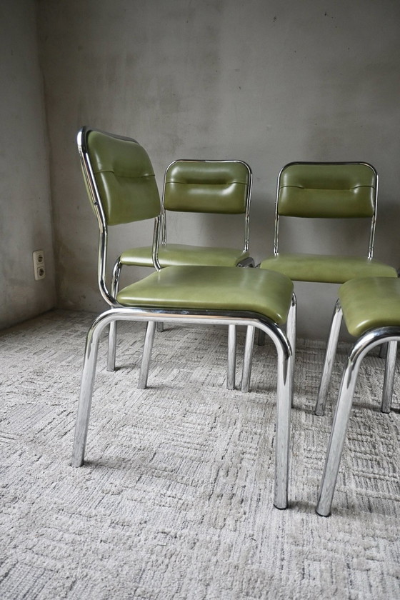 Set of 5 characteristic mid-century dining chairs 50/60, Chrome, Skai, Green (photo 7 of 13)