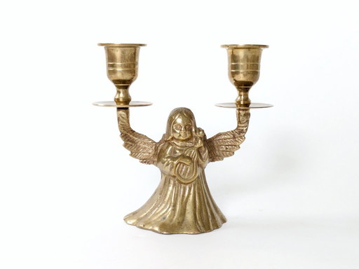 Midcentury Brass Candleholder, Winged Angel for 2 Candles, Christmas Brass Decor