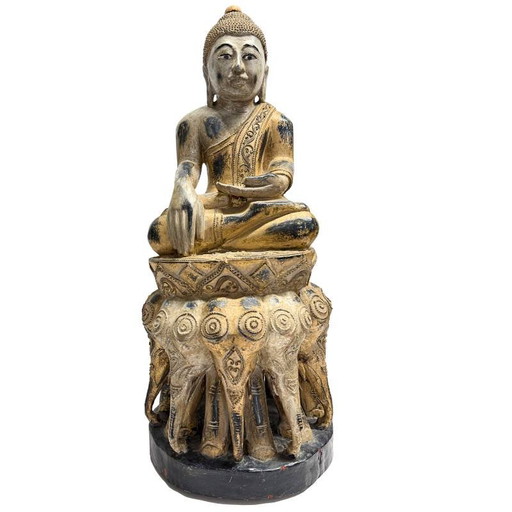 Antico Buddha birmano del XIX secolo - Legno policromo intagliato a mano - 57 cm