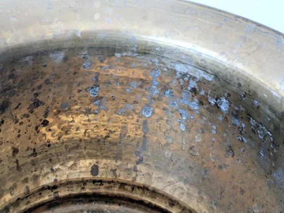 Image 1 of Vintage Hammered Brass Cachepot Planter with Ornate Handles and Age Patina