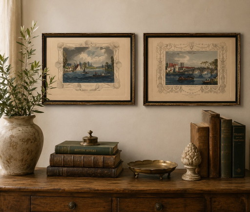 Pair of Antique Hand-Coloured English Engravings by Tombleson – Marlow & Henley – Framed Views of the Thames – c.1830-1850