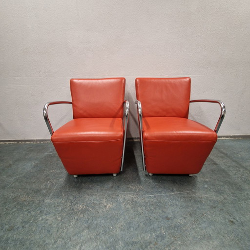  Set van 2 oranje leren buizenframe fauteuils  