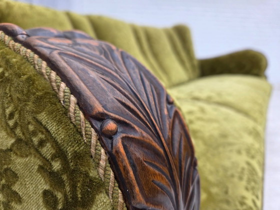 Image 1 of 1960s, Danish 3-seater sofa, furniture velour, carved oak wood.