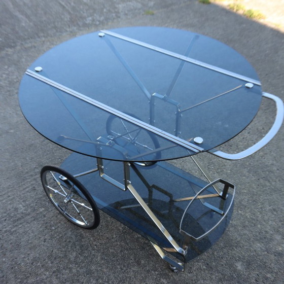 Image 1 of French Mid-Century Smoked Glass and Chrome Bar Trolley-Drop Leaf Bar Cart-Vintage Two Tier Dessert-Bar Trolley-60s