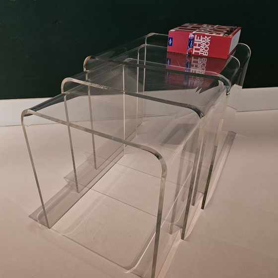Image 1 of Set Of 3 Vintage Plexiglass Side Tables: Translucent Curved Acrylic Glass Tables, Perspex, Transparent, Mid - Century, Space Age