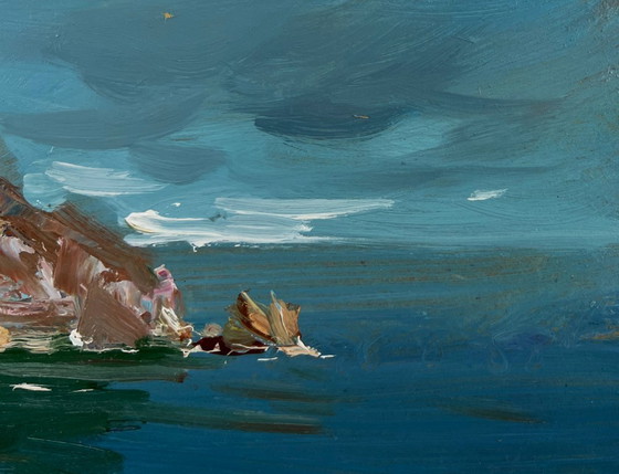Image 1 of Original Oil Painting Coastal Rock Landscape Sea breeze on the shore