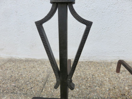 Image 1 of Hammered wrought iron andirons, French work in the style of Subes and Poillerat, 1940s-1950s