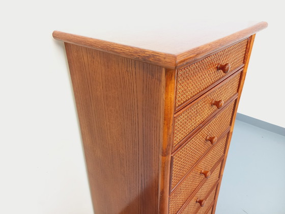 Image 1 of Commode Chiffonnier Semainier Vintage en Rotin, Bois et Cannage des Années 70