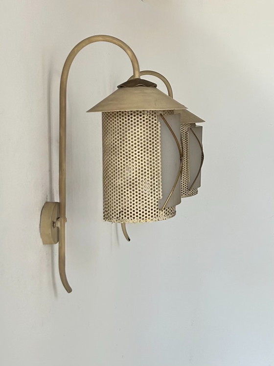 Image 1 of Pair of vintage wall lights in perforated metal, brass and perspex, France 1950