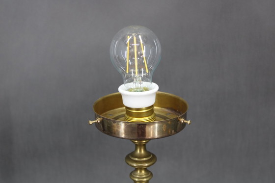 Image 1 of    	 1940s Restored Brass Table Lamp with Wooden Base and Glass Shade