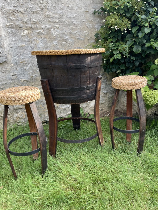 Rattan bar and stool attributed to Audoux and Minet